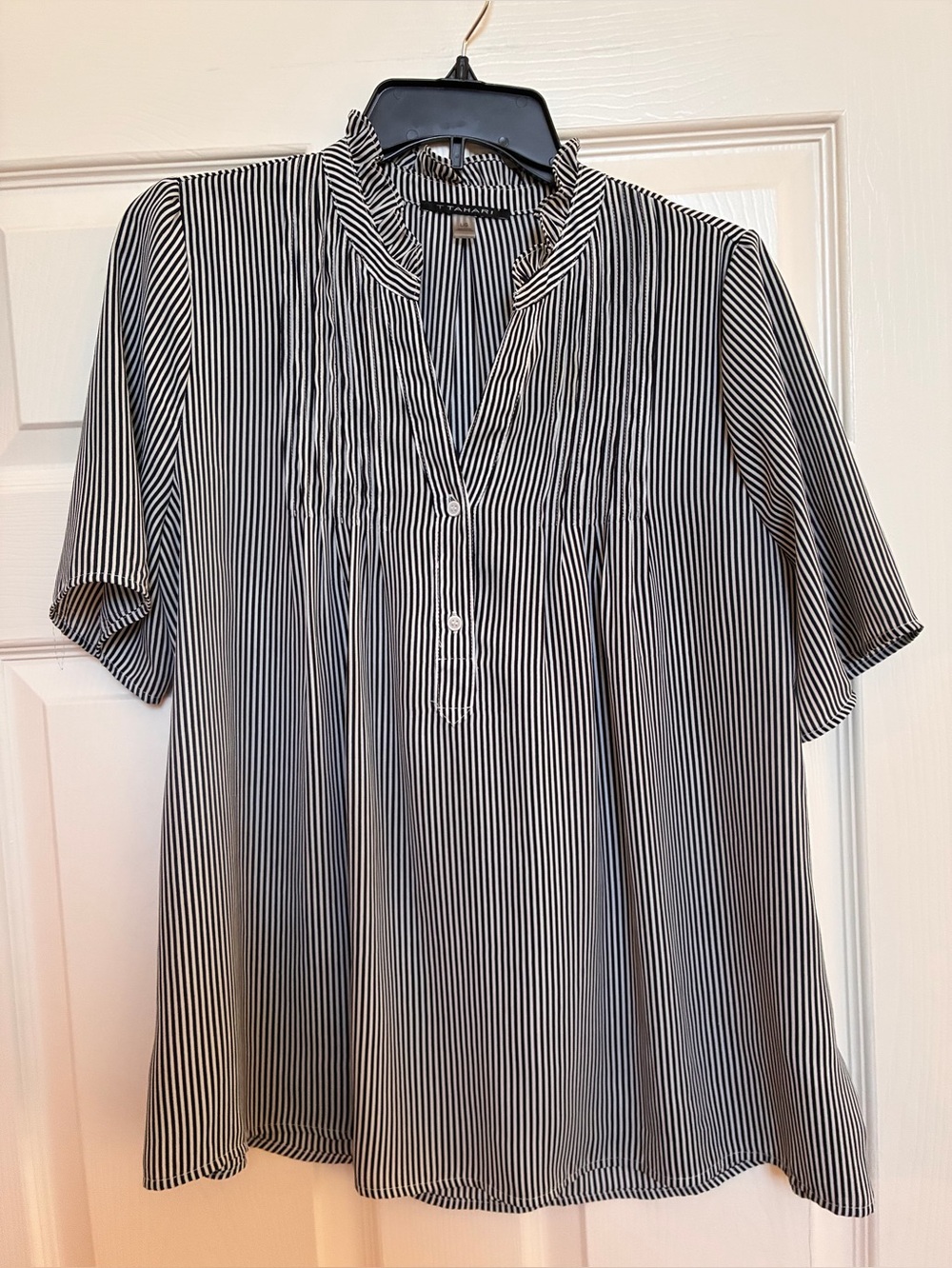 T Tahari Striped Short-Sleeve Woman’s Blouse-Black & White Pleated Front